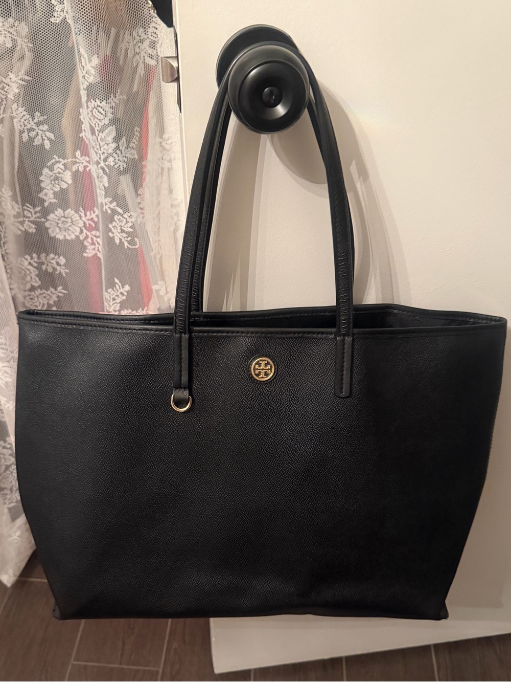 TORY BURCH Black Leather Tote Bag with Gold Logo Accent